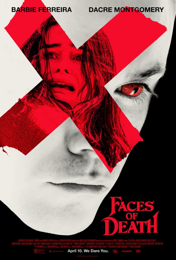 A person with red eyes and pale face looking away from the camera. There's a red cross on his right eye. This red cross shows the transparent of a screaming person.
