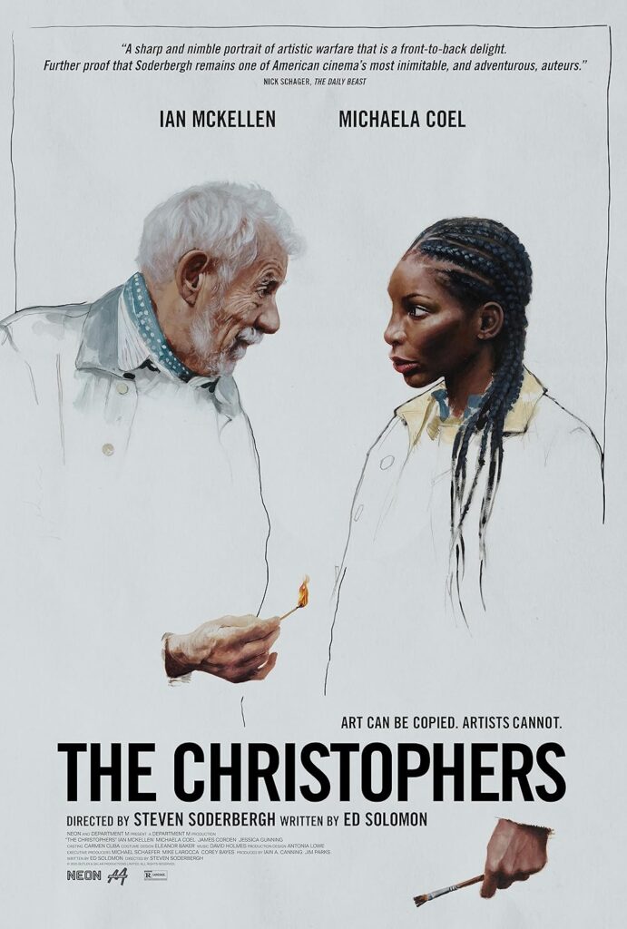 Two sketches of two actors, one with the lighter and the other one with a painting brush.