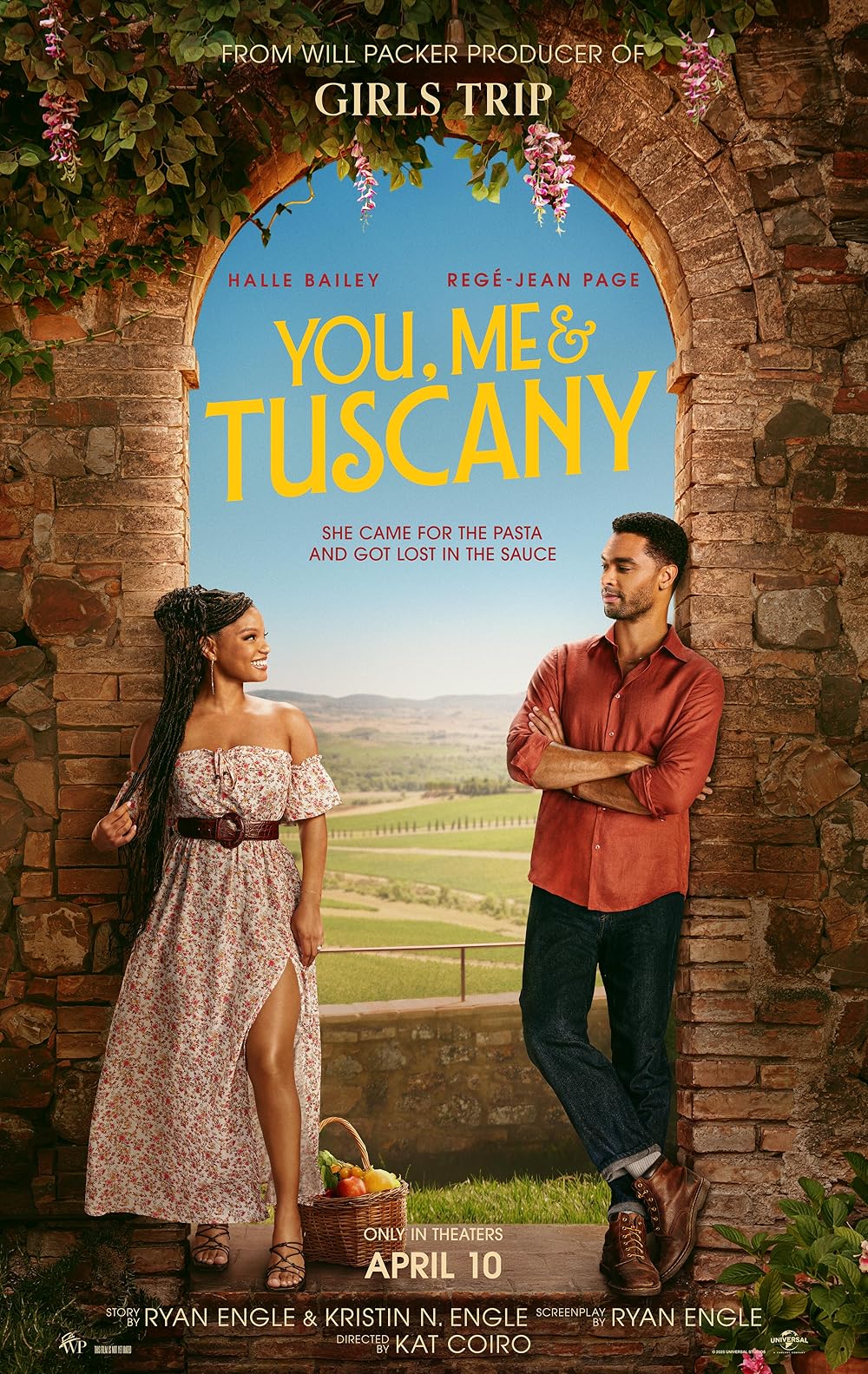 Two people are standing apart from each other. On your right is a person with long braid hair, wearing a long floral dress with dark color belt. There is a basket of fruit next to them. On your left is a person with short hairstyle, short trimmed beard, and is wearing red button shirt with blue jeans and dark color boots. They are standing against the brick arch with grapevine.