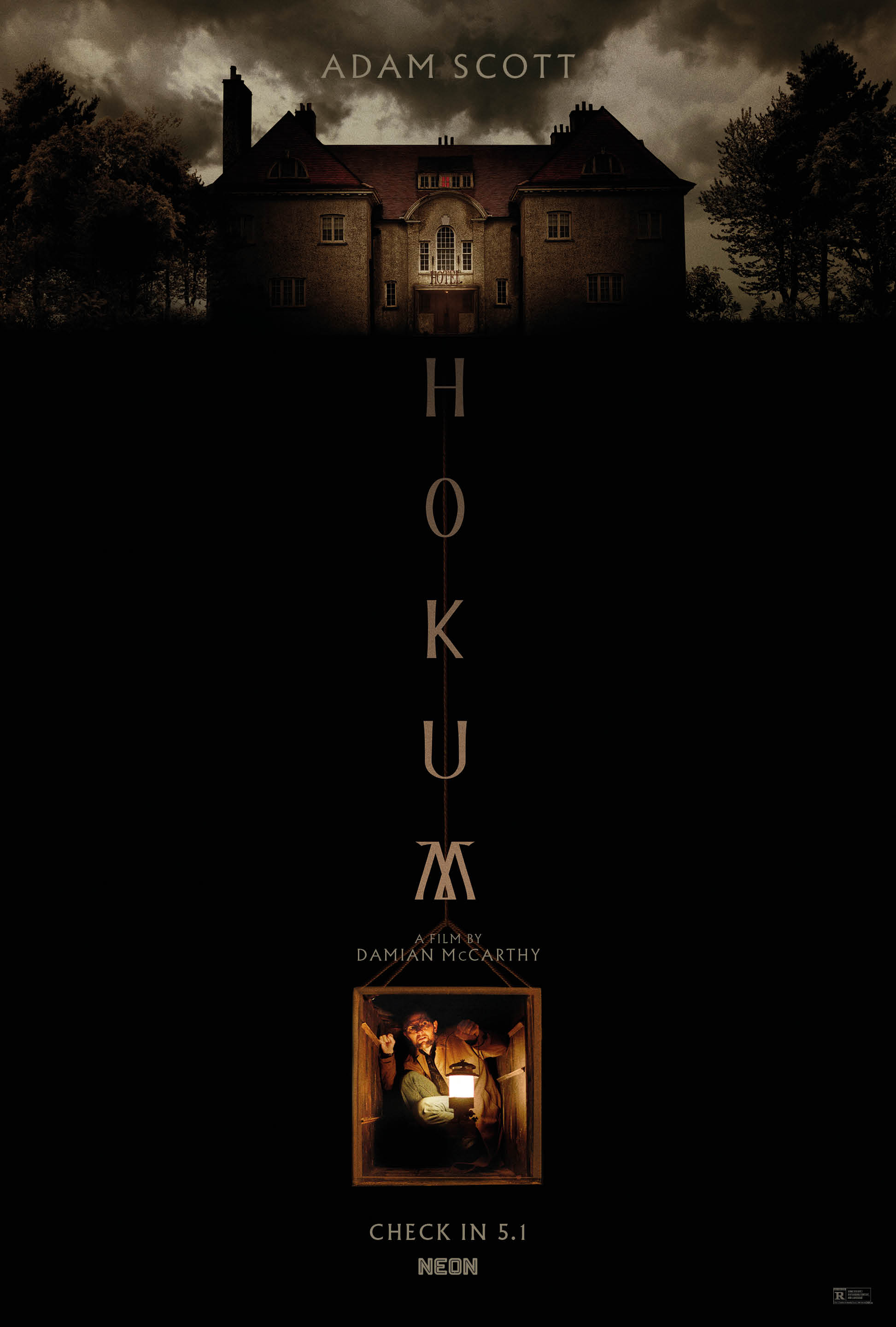 A Haunted House in the background. At the bottom of the poster, an actor is inside the old elevator shaft.