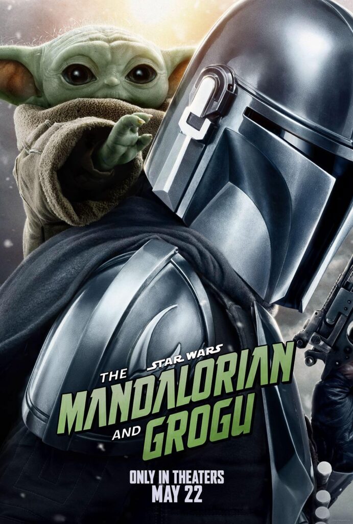 The Mandalorian is carrying Grogu on their back.