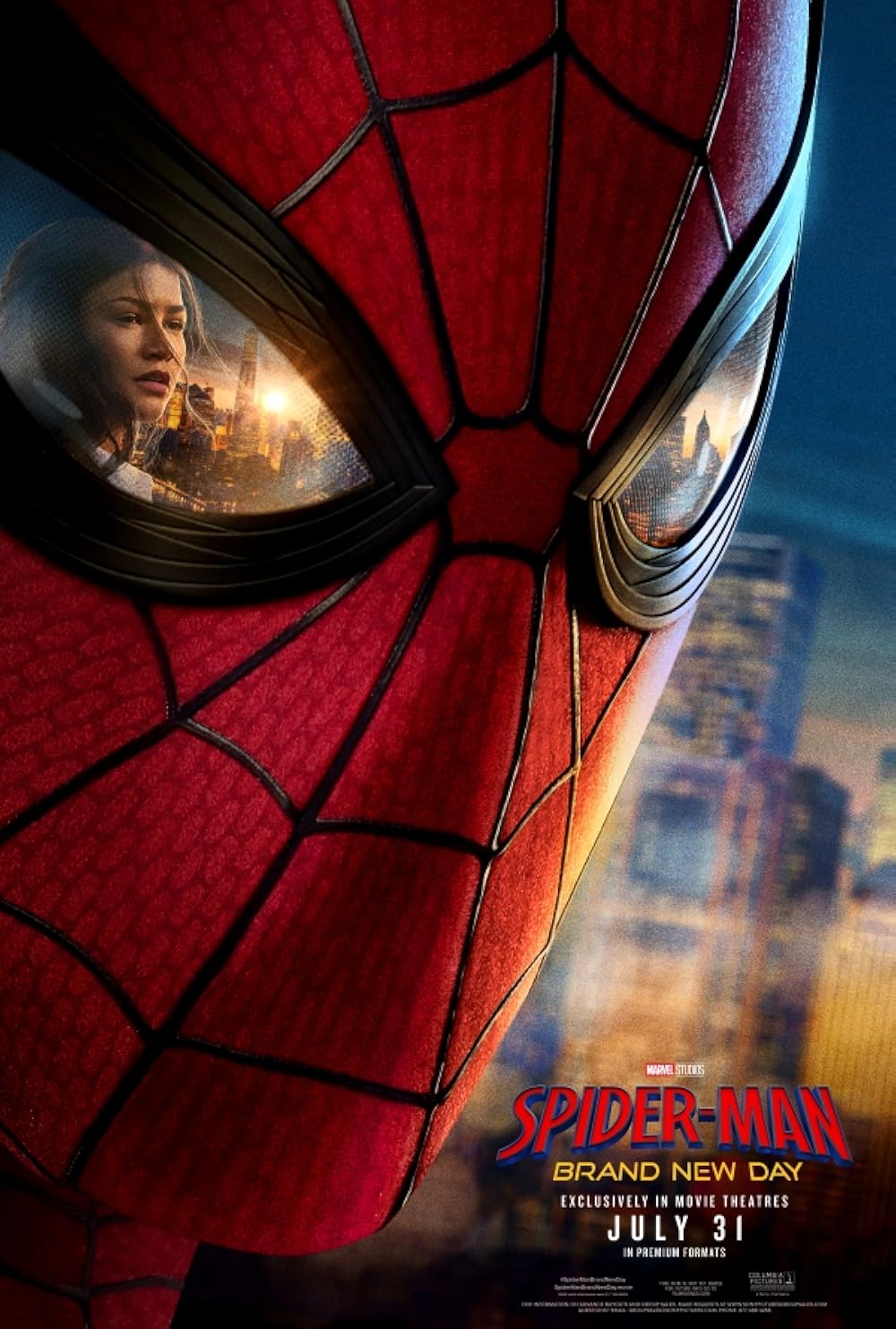 A close up of the Spiderman wearing the mask. The mask eye reflects a person who is looking at the Spiderman.