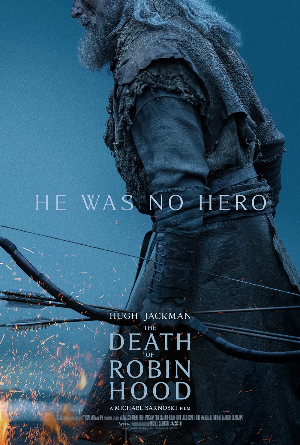 The Death of Robin Hood. An actor is wearing an medieval attire, carrying a bow and an arrow.