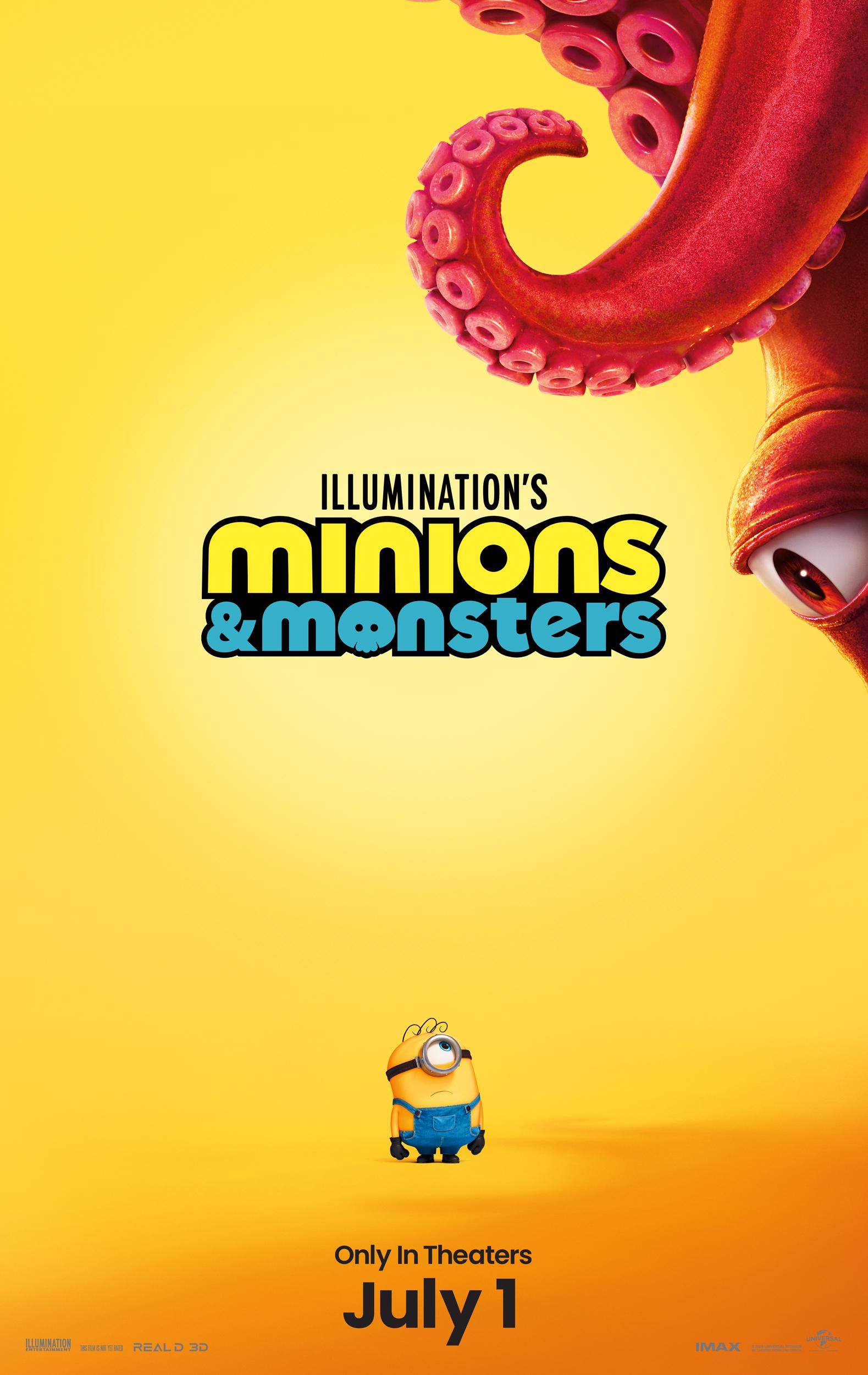 Yellow background. A minion is looking at a monster that looks like an octopus.