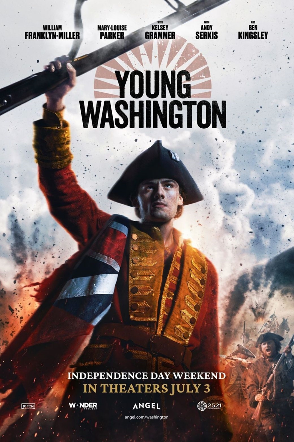 A young version of George Washington is wearing a military uniform, raising the gun in the air.